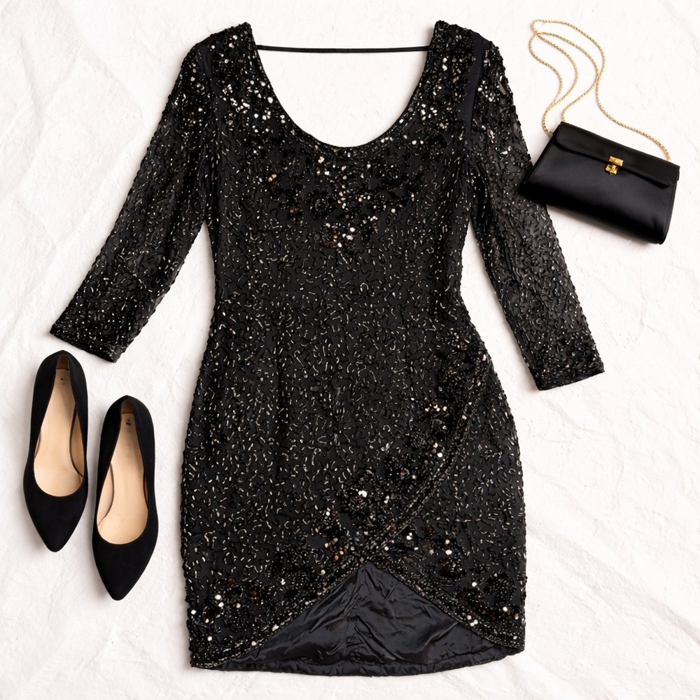 Vintage Black Silk Beaded Cocktail Dress Size 14 | 90s Glam Sequin Evening Party